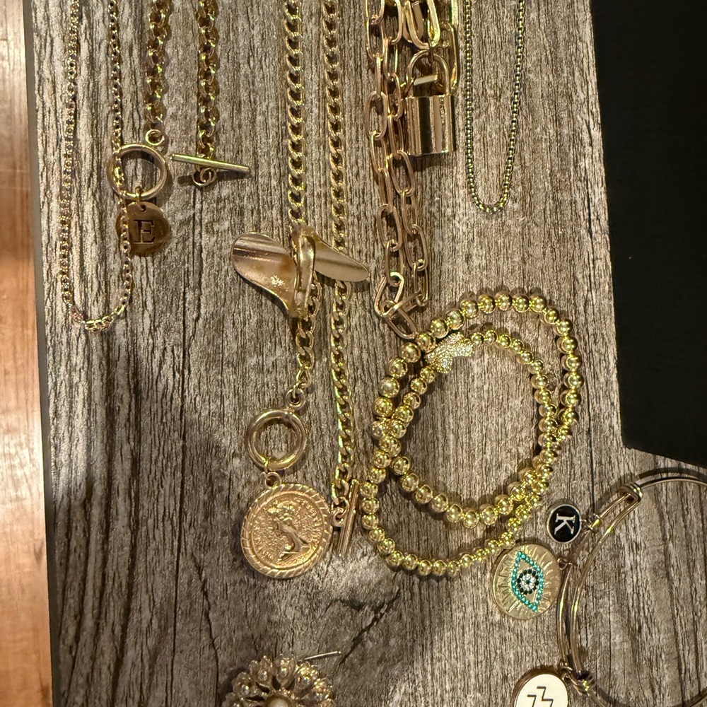 Gold Women's Layered Charm Necklace and Bracelet Set